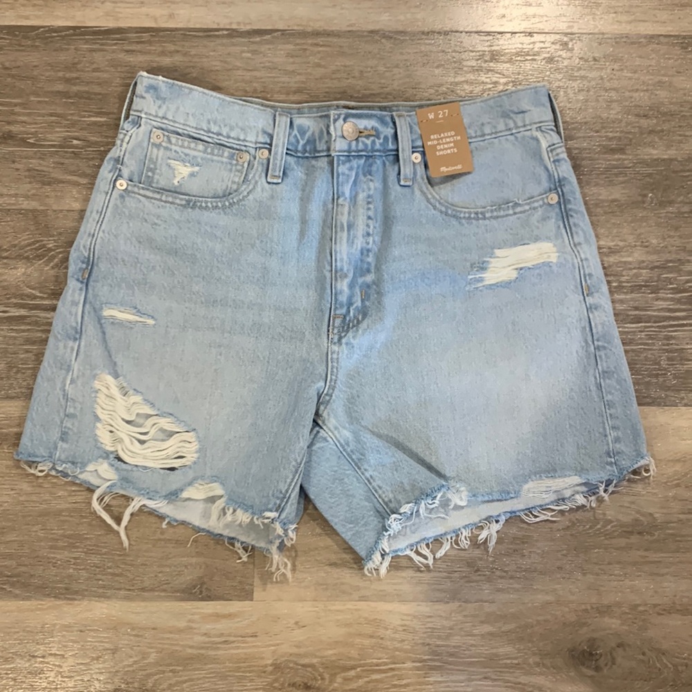 NWT Madewell Relaxed Mid-Length Denim Shorts Arnham Wash: Destructed Edition 27